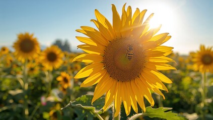 Obraz premium A vibrant sunflower field in the morning sun, showcasing a bee on a central flower.