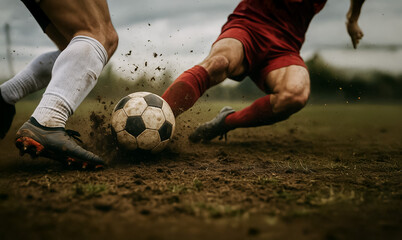 Close-up of two football players in an intense tackle, one in red, one in white, both fighting for the ball on a muddy field, dirt spraying everywhere.