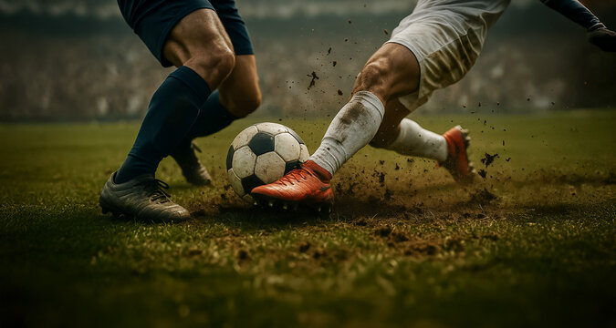 Powerful soccer tackle captured mid-action as two players clash over the ball, dirt flying, showcasing energy, intensity, and raw competition.