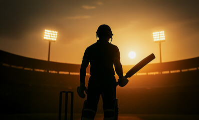 Close-up silhouette of a cricket player ready to bat under floodlights with the sun glowing in the background.