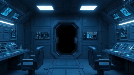 Futuristic spaceship control room with glowing blue interfaces and empty pilot chairs. Technology and space exploration footage. - Powered by Adobe