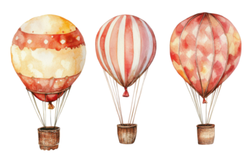 Three vintage hot air balloons with ornate patterns isolated on transparent background. Set of balloons watercolor isolated on white background.