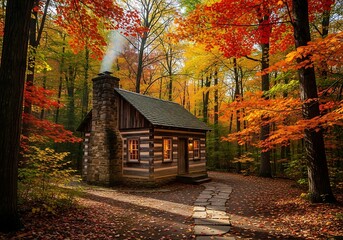 Autumn Cabin in the Woods.