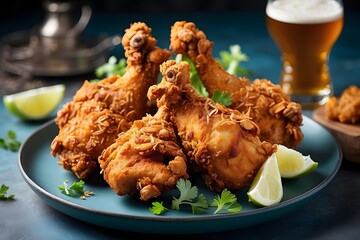 Crispy Fried Chicken Drumsticks on Blue Plate with Beer