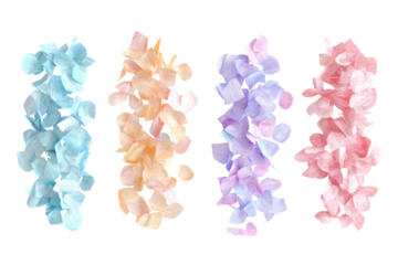 Four cascading strands of delicate pastel flower petals isolated on transparent background. Set of pastel cascading strands isolated on white background, 3d rendering.