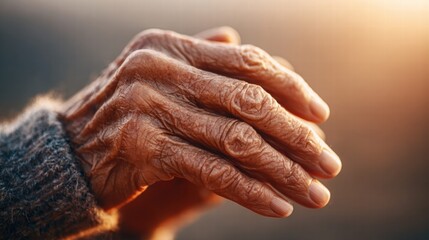 Fototapeta premium Detailed shot of elderly hands, showcasing wrinkles and skin texture in warm light.