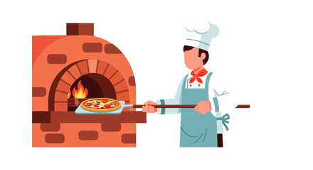 Flat design chef baking fresh pizza in a traditional wood-fired brick oven with flames