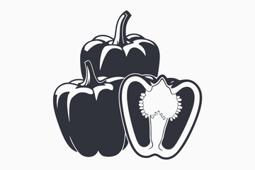 Three Pepper Vegetables Black Silhouette, Bell Pepper Cut with White Background