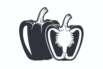 Three Black Outline Pepper Illustrations with Two Halved on White Background