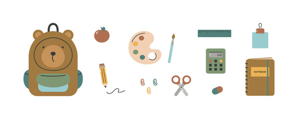 Set with school supplies. Backpack, notebook, calculator, pencil. For fabric, wrapping, cards, textile, wallpaper, apparel. Isolated vector illustration in flat cartoon style on white background.