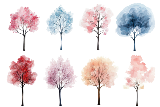 Collection of fluffy decorative flowers in various pastel colors isolated on transparent background. Set of trees watercolor isolated on white background.