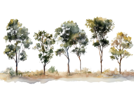 Collection of diverse trees with detailed foliage isolated on transparent background. Set of trees watercolor isolated on white background.