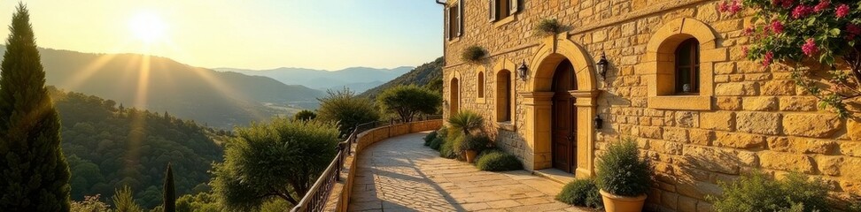 Obraz premium Sun-drenched stone buildings, shadows lengthening, Tuscan hills in the distance , stone buildings, italy, historic