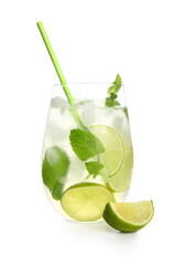 Glass of fresh Mojito cocktail with lime and mint on white background