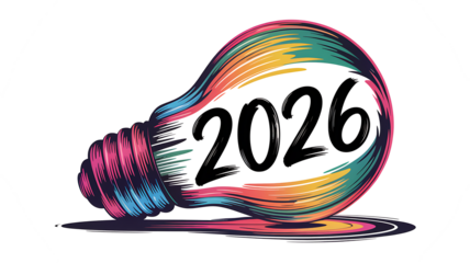 Colorful lightbulb illustration with the year 2026 for new ideas and innovation