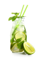 Bottle of fresh Mojito cocktail with mint on white background