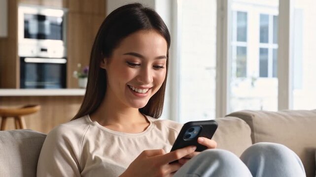 Femme souriante utilisant son t&eacute;l&eacute;phone portable