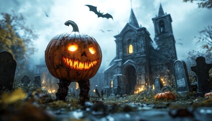 Spooky halloween pumpkin monster in a graveyard with a haunted church background scene