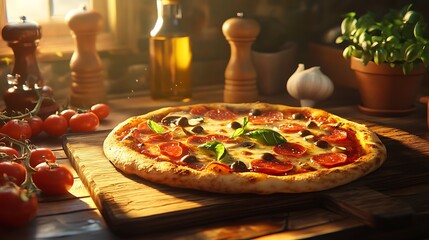 Delicious pepperoni pizza on wooden board with tomatoes and basil herbs
