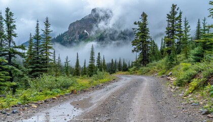 Mysterious fog envelops lush pine covered hills, creating a serene natural landscape