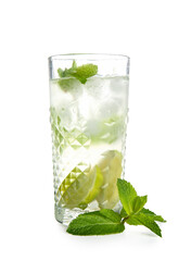 Glass of fresh Mojito cocktail with mint on white background