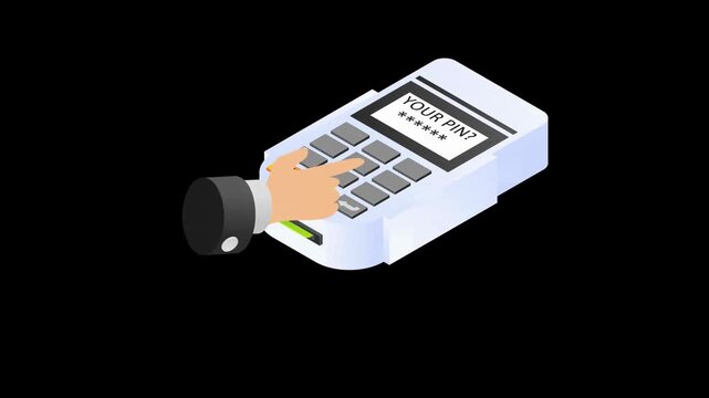 Illustration of a hand holding a white credit card reader with a black scanner on a solid black background.