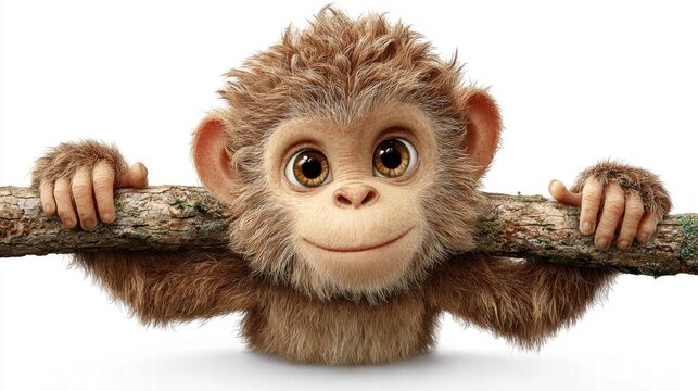 A charming, animated monkey with big eyes smiling and holding a wooden branch, isolated.