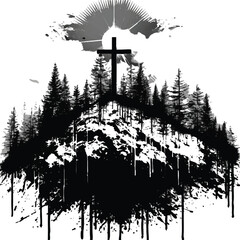 Fototapeta premium Symbol of Faith: A powerful silhouette depicts a cross atop a forested hill, representing spirituality. A symbol of reverence, faith, and hope, with stylized rays of light radiating above. 