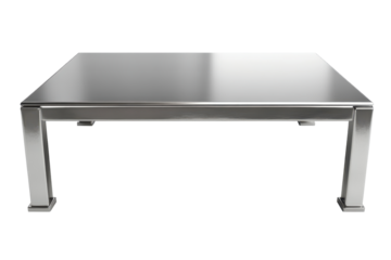Modern silver metal coffee table isolated on transparent background. Silver steel table isolated on white background.