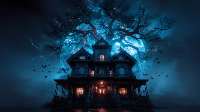 Vector design of the flyer for halloween. Template of poster with terrible house on blue background. Halloween party greeting card.