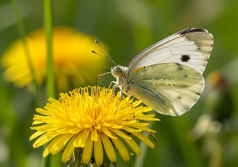 White butterfly on dandelion