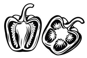 Silhouette of Whole and Sliced Bell Pepper with Seeds on White Background