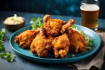 Crispy Fried Chicken Drumsticks on Blue Plate with Beer