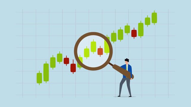 A person analyzing a stock market chart with a magnifying glass, examining trends.