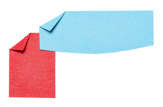 Two red blue overlapping isolated cut out blank paper notes cardboard with folded corner dog-ear earmark and copy space for text, transparent png background design element