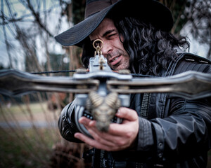 Milan, Italy 2025 01 26 Gabriel Van Helsing Cosplay A male figure in a black trench coat and wide-brimmed hat, wearing a mask, stands in the woods holding a futuristic, ornate steampunk crossbow.