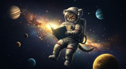 Fototapeta premium Astronaut Cat Reading Cute space cat floating with book among planets and stars
