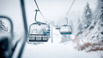 A ski lift ascends through a snowy, winter mountain landscape on a misty day.