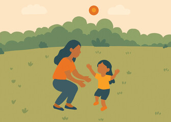 Illustration of mother and daughter playing together in a park