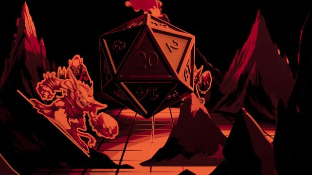 A stylized intro with a game dice d20. Board for playing in DnD with decorative rocks and volcano. The cube stops on the side with the number 20. 
