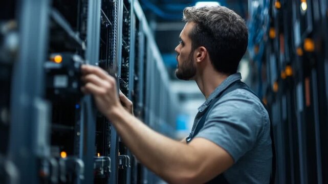 Man inspecting hardware in secure server rack 
