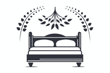 Minimalist Double Bed with Leafy Branches Icon on a White Background