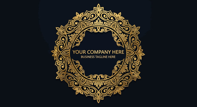 Golden ornate circular frame with intricate floral scrollwork, elegant metallic 3D design.