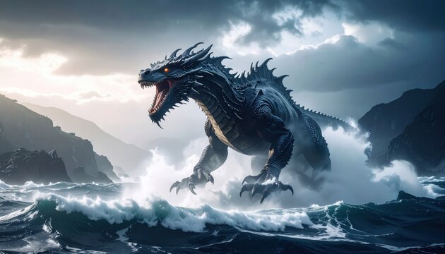 Sea dragon rising from turbulent ocean evoking myth fantasy adventure epic battles and timeless fascination with creatures of legend in cinematic storytelling