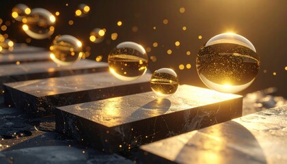 Obraz premium Golden spheres floating over marble blocks under glowing light represent futuristic design, imagination, energy, and surreal dreamlike concepts