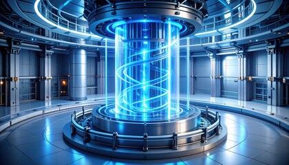 A futuristic glowing reactor core in a sci-fi chamber symbolizes energy, power, technological breakthroughs, and the dream of limitless clean resources