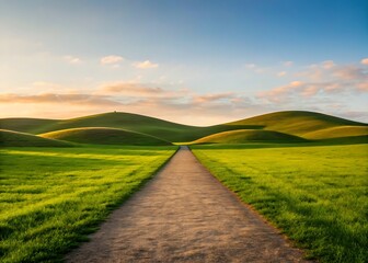 Golden-hour footpath cutting across vibrant meadows and rolling hills under soft pink clouds