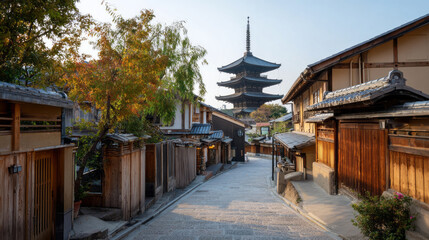 Fototapeta premium Peaceful morning view of traditional pagoda on an old street in Kyoto Japan