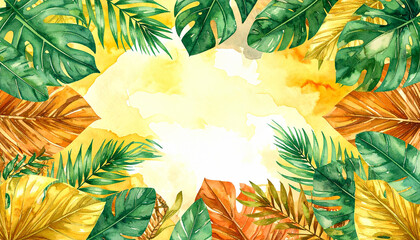 Vibrant Watercolor Tropical Leaves Frame a Bright Yellow and Orange Background, Creating an Exotic Summer Jungle Border for Your Designs