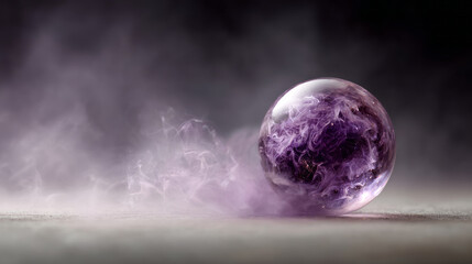 Mysterious magical crystal ball glowing with purple energy and smoke